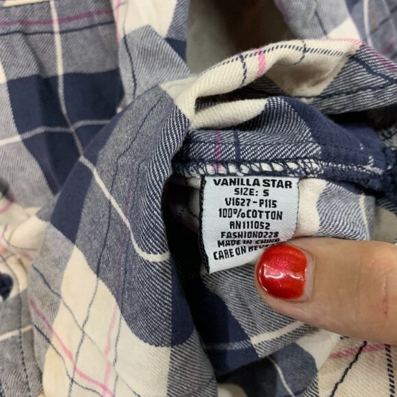 Vanilla Star Womens S Flannel Shirt Blue Plaid Long Sleeve Button Front Western - Picture 6 of 16